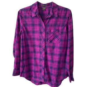 Eddie Bauer Long Sleeve Button Up Shirt Womens M Pink Purple Plaid 100% Cotton